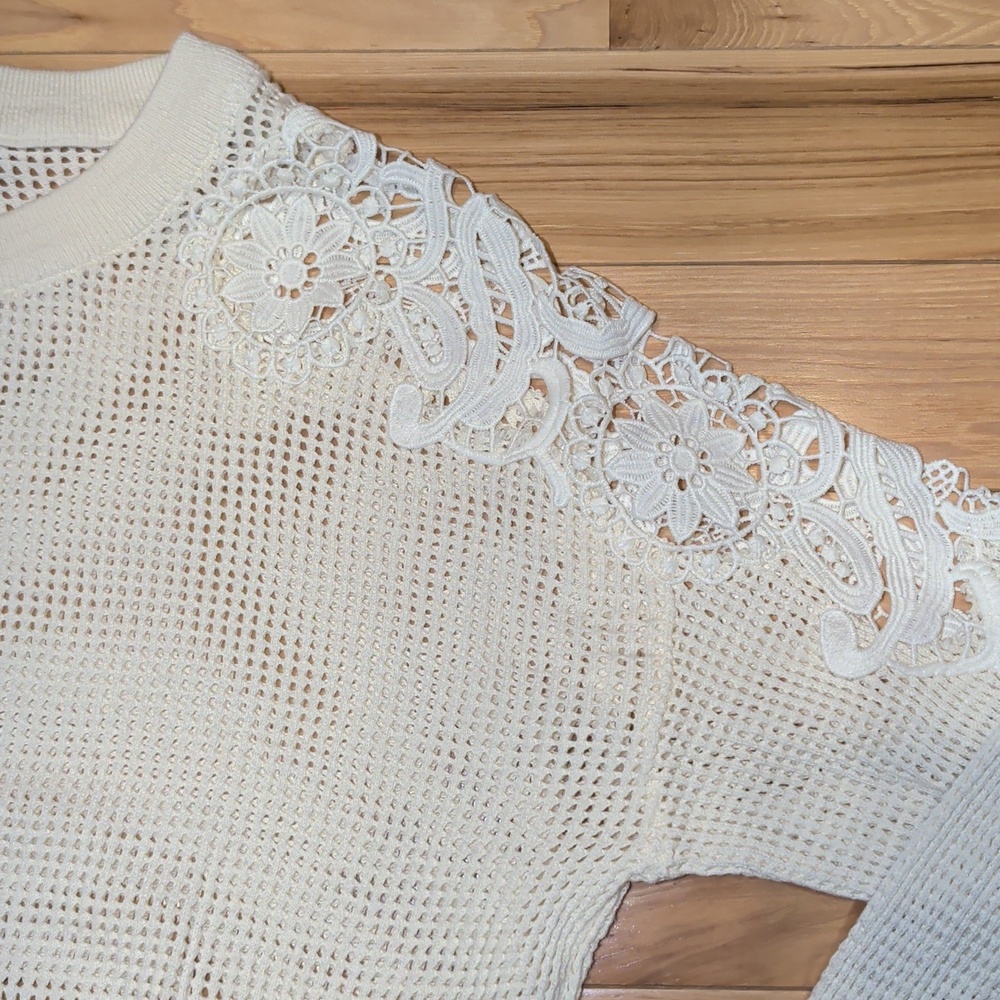 Molly Bracken Cream Sweater with Lace Shoulder Accents